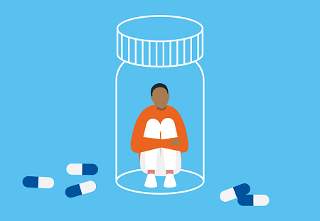 graphic of a seated person holding their knees stuck in a pill bottle 