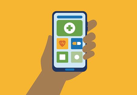 A graphic of a hand holding a smart phone with various medical apps on it