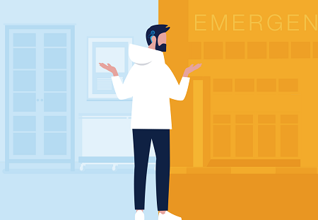 Graphic of a man shrugging with the background split between a hospital and an emergency room, indicating uncertainty about the difference between the two