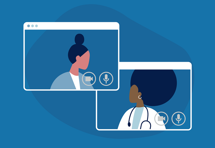 Graphic of two screens with a patient and a doctor communicating, indicating telehealth
