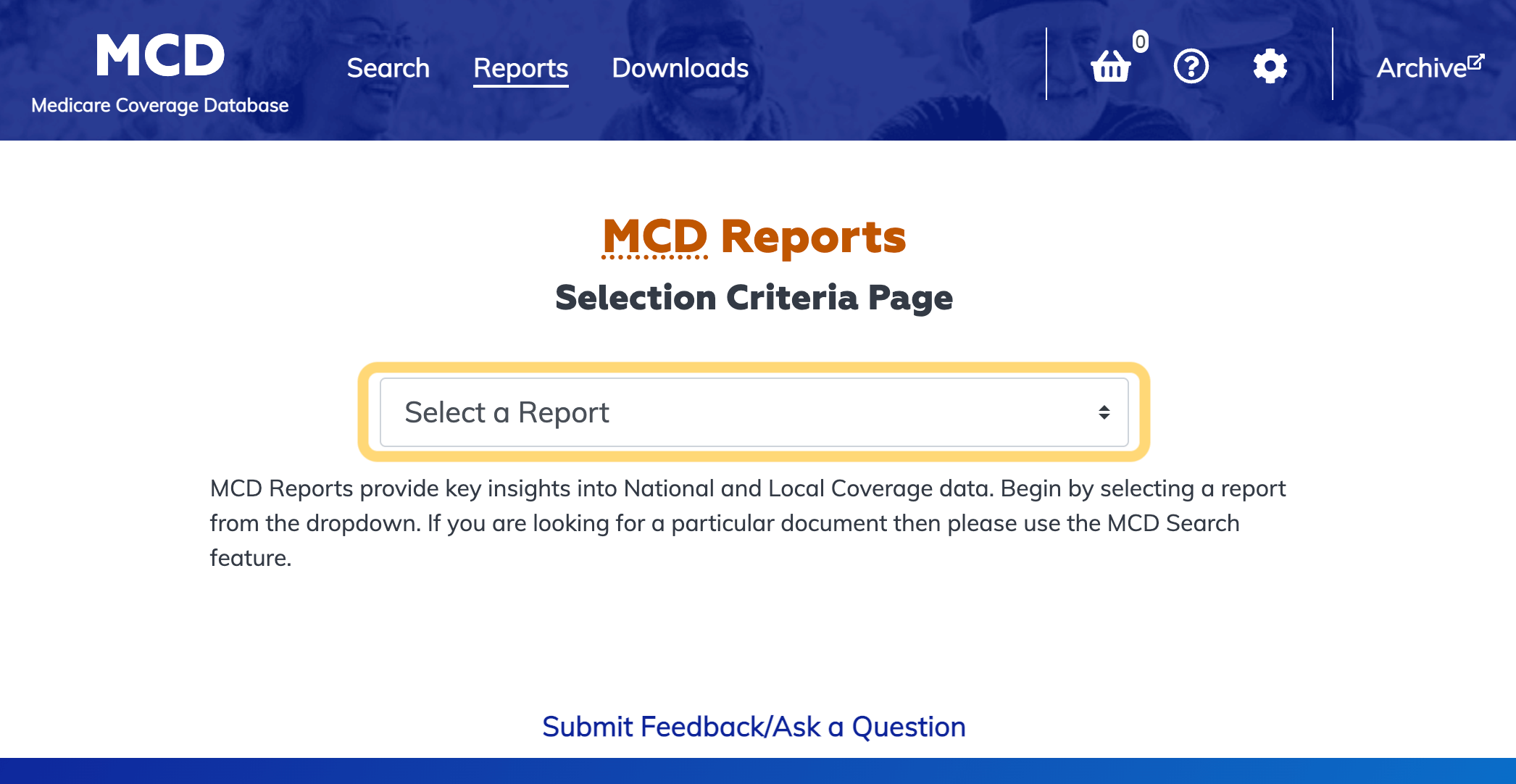 Reports selection criteria page - highlighting the report selection list