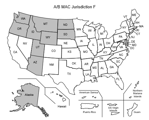This image, the Jurisdiction F Part A/B Map, depicts a map of the United States with the JF states of Alaska, Arizona, Idaho, Montana, North Dakota, Oregon, South Dakota, Utah, Washington, and Wyoming shaded gray.