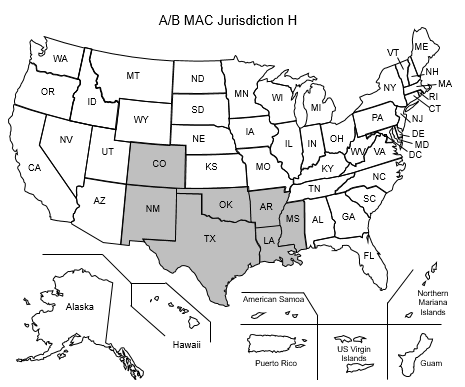 This image, the Jurisdiction H Part A/B Map, depicts a map of the United States with the JH states of Arkansas, Colorado, Louisiana, Mississippi, New Mexico, Oklahoma, and Texas shaded gray.