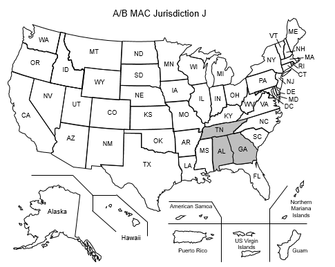 This image, the Jurisdiction J Part A/B Map, depicts a map of the United States with the JJ states of Alabama, Georgia, and Tennessee shaded gray.