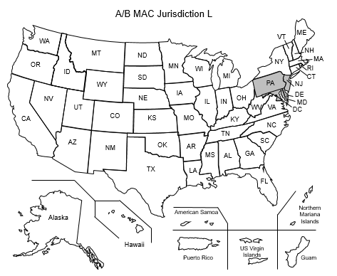 This image, the Jurisdiction L Part A/B Map, depicts a map of the United States with the JL states of Pennsylvania, Maryland, Delaware, New Jersey, and the District of Columbia shaded gray.