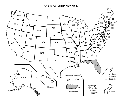 This image, the Jurisdiction N Pbart A/B Map, depicts a map of the United States with the JN states and territories of Florida, Puerto Rico, and U.S. Virgin Islands shaded gray.