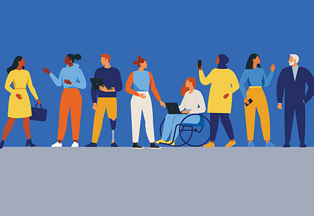 A diverse group of people, some with physical disabilities, standing sideways in a line communicating with each other