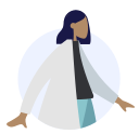 Illustration of a female medical professional. She has brown skin and is wearing a  medical coat while walking.