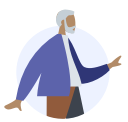 Illustration of a man walking. He has white hair and brown skin.