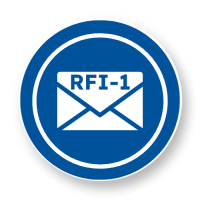 Blue circular image with white envelope RFI-1 in text