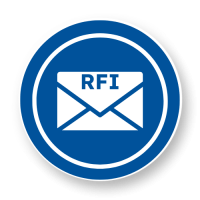 Blue circular image with white envelope RFI in text