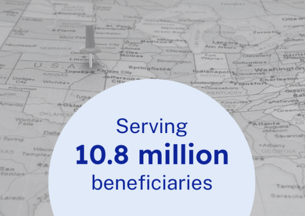 Black and white map with blue circular image displaying text Serving 10.8 million beneficiaries