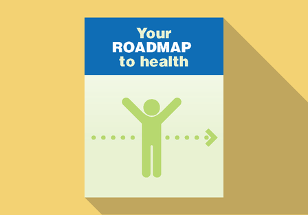 Illustration of a human figure with hands raised, Roadmap to Better Care icons above the figure, and the words A Roadmap to Behavioral health, a guide to using mental health and substance use disorder services