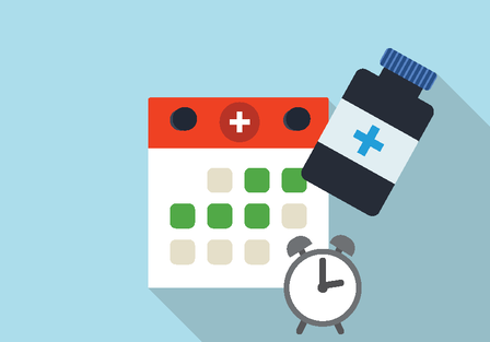 icons of a calendar, a medicine bottle, and an alarm clock