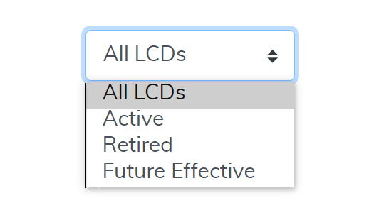 Local Coverage Final LCDs Listed Alphabetically Report Status filter highlighted