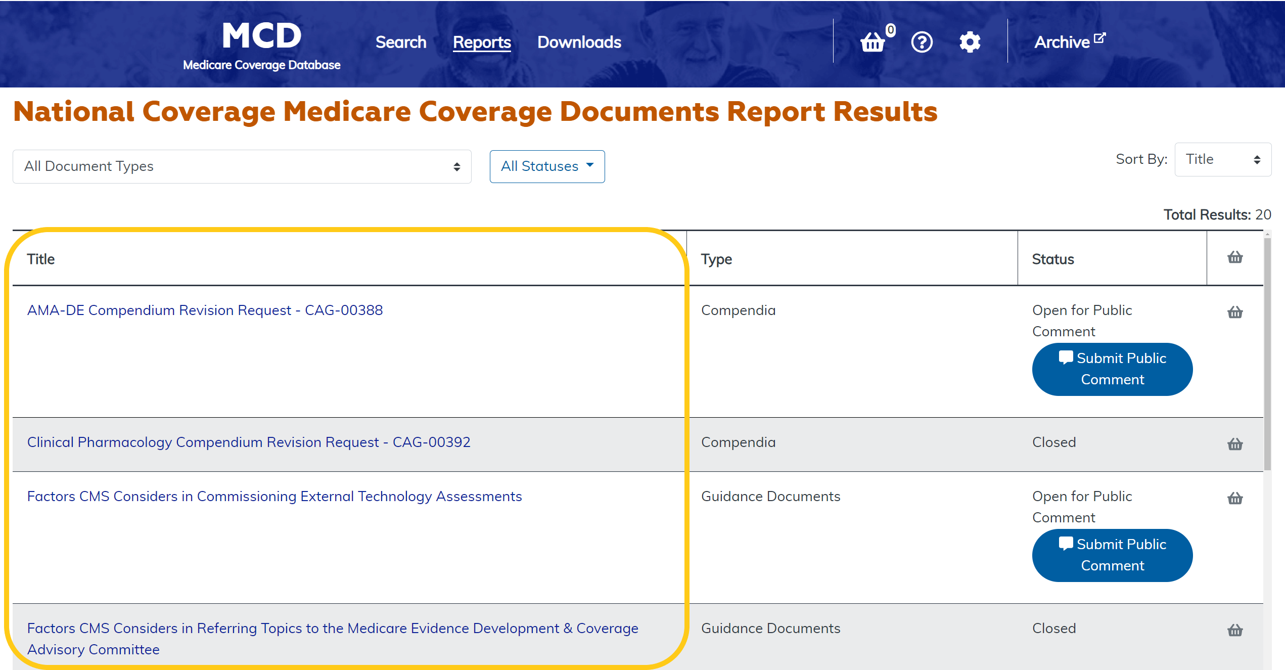 National Coverage Medicare Coverage Documents Report ID link column highlighted