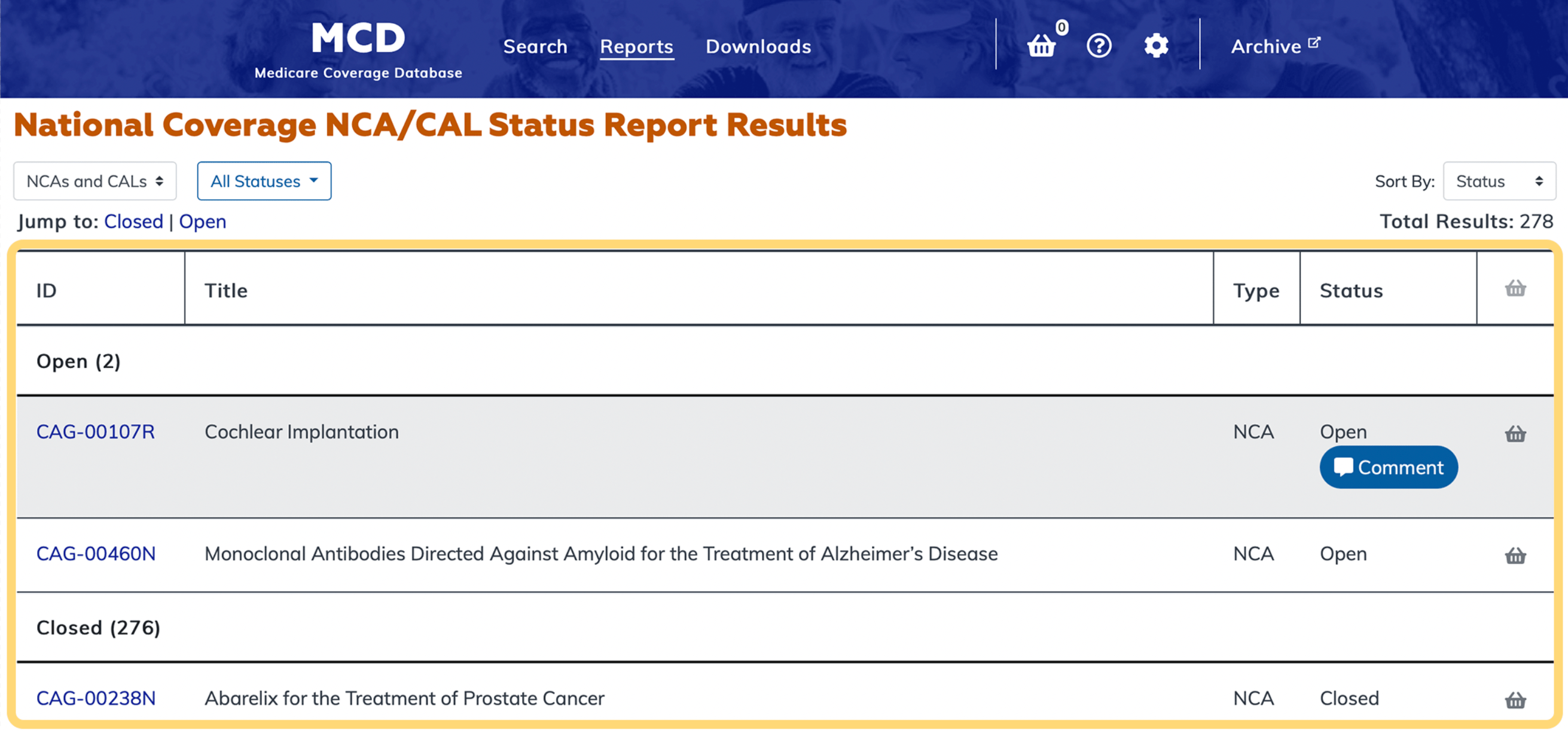 National Coverage NCA/CAL Status Report table highlighted