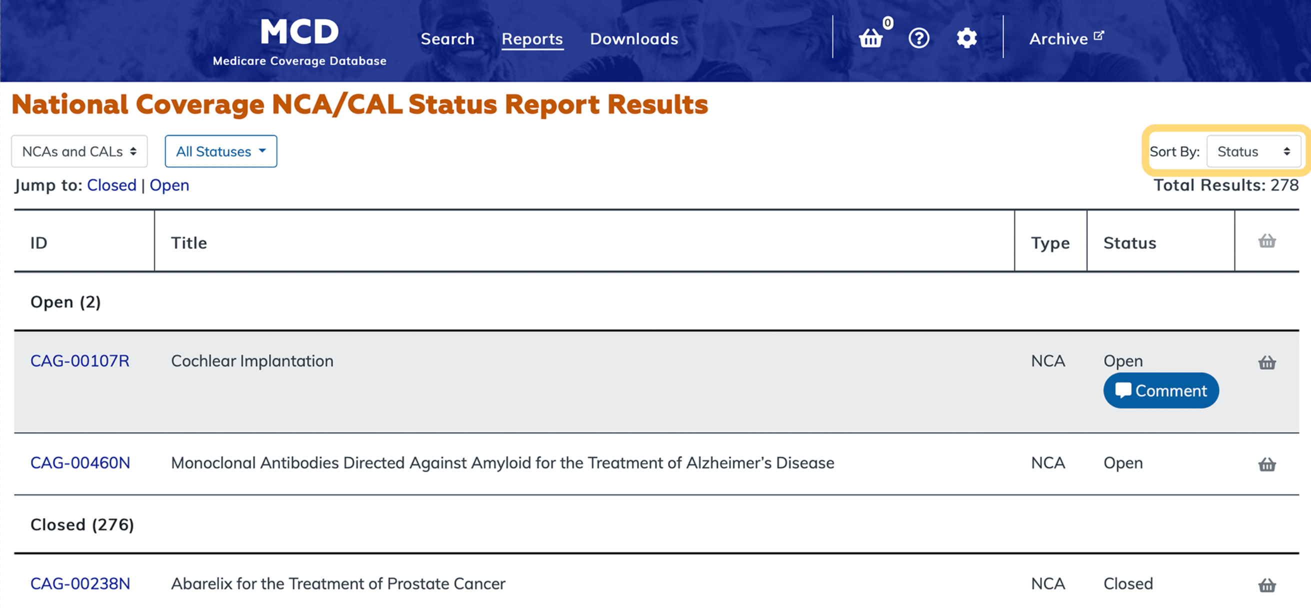 National Coverage NCA/CAL Status Report sort option highlighted