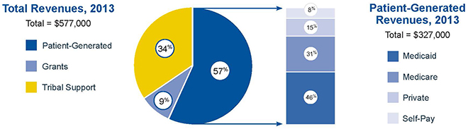 Pie chart with revenue data from an example program. The total $577,000 revenue for the year is made up of patient-generated revenue at 57%, tribal support at 34%, and grants at 9%