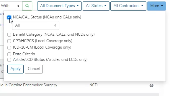 Selecting NCA/CAL Status Using the More Filter Button