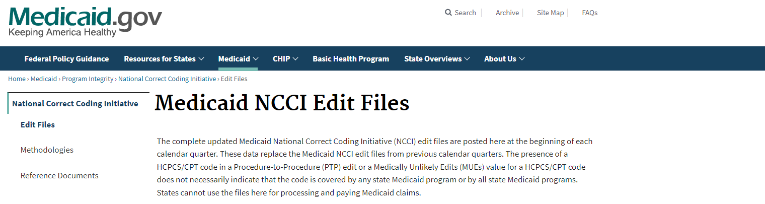 Sceenshot of Medicaid NCCI Edit Files Webpage