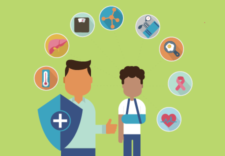 Illustration of man with shield, child with cast, and different medical illustrations