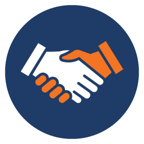 Two hands shaking.  One hand is white and one hand is orange.  The background of the image is blue.