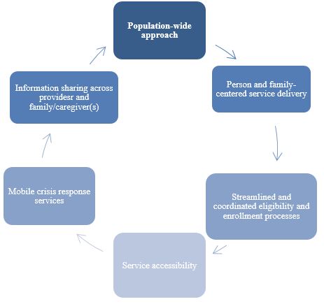 Population-wide approach Person and family-centered service delivery Streamlined and coordinated eligibility and enrollment processes Service accessibility Mobile crisis response services Information sharing across providesr and family/caregiver(s) 