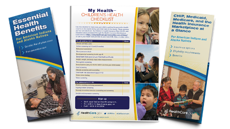 A collage of outreach materials promoting health care coverage and preventive services for American Indians and Alaska Natives.
