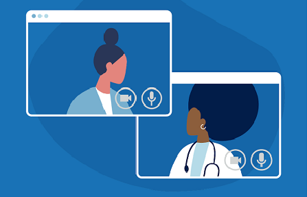 illustration of two female doctors meeting virtually