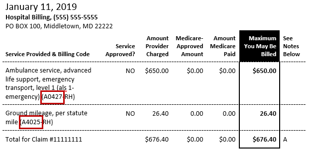 Example of an MSN which shows billing codes