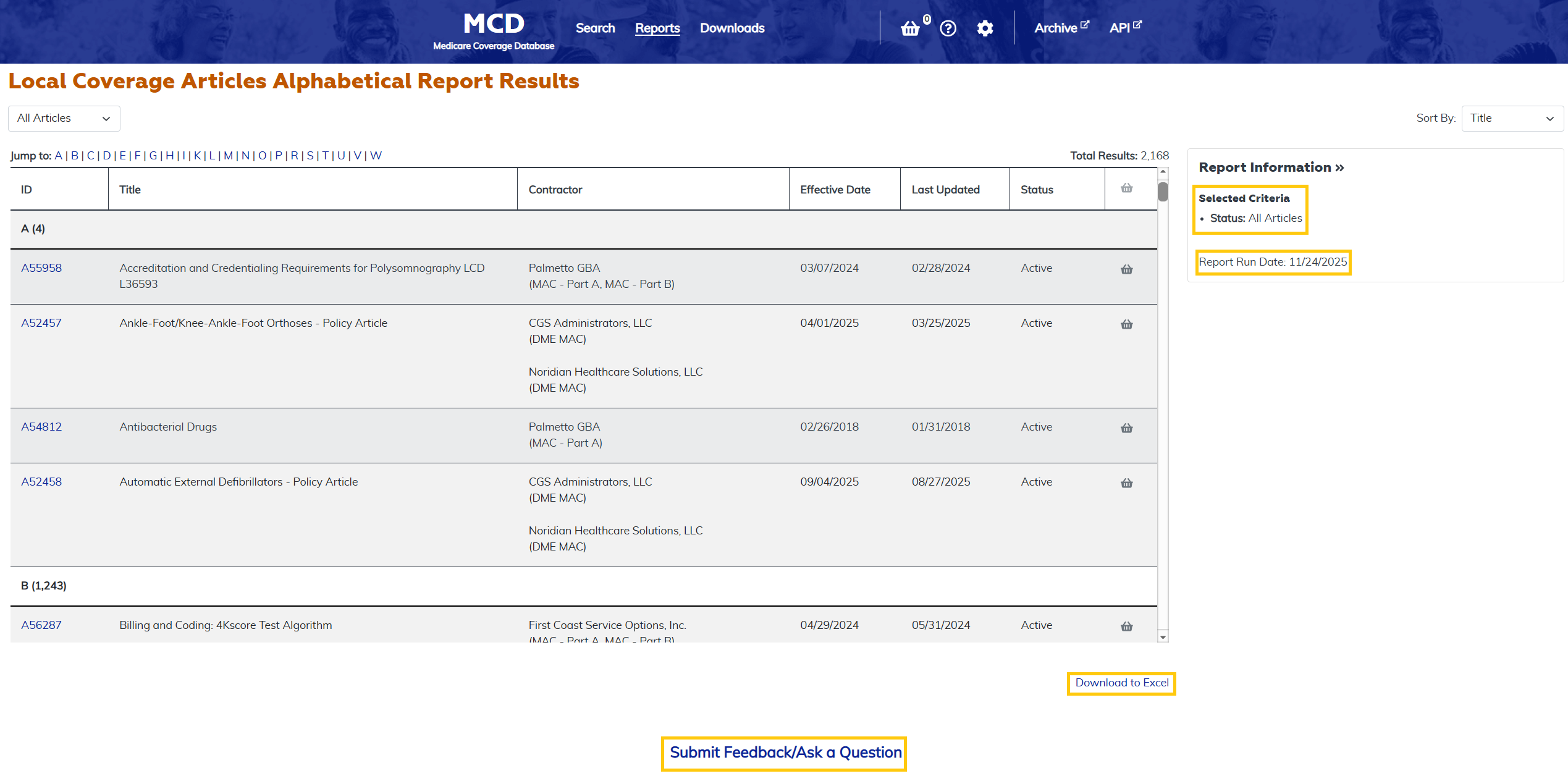 Local Coverage Articles Listed Alphabetically Report additional features at the bottom highlighted