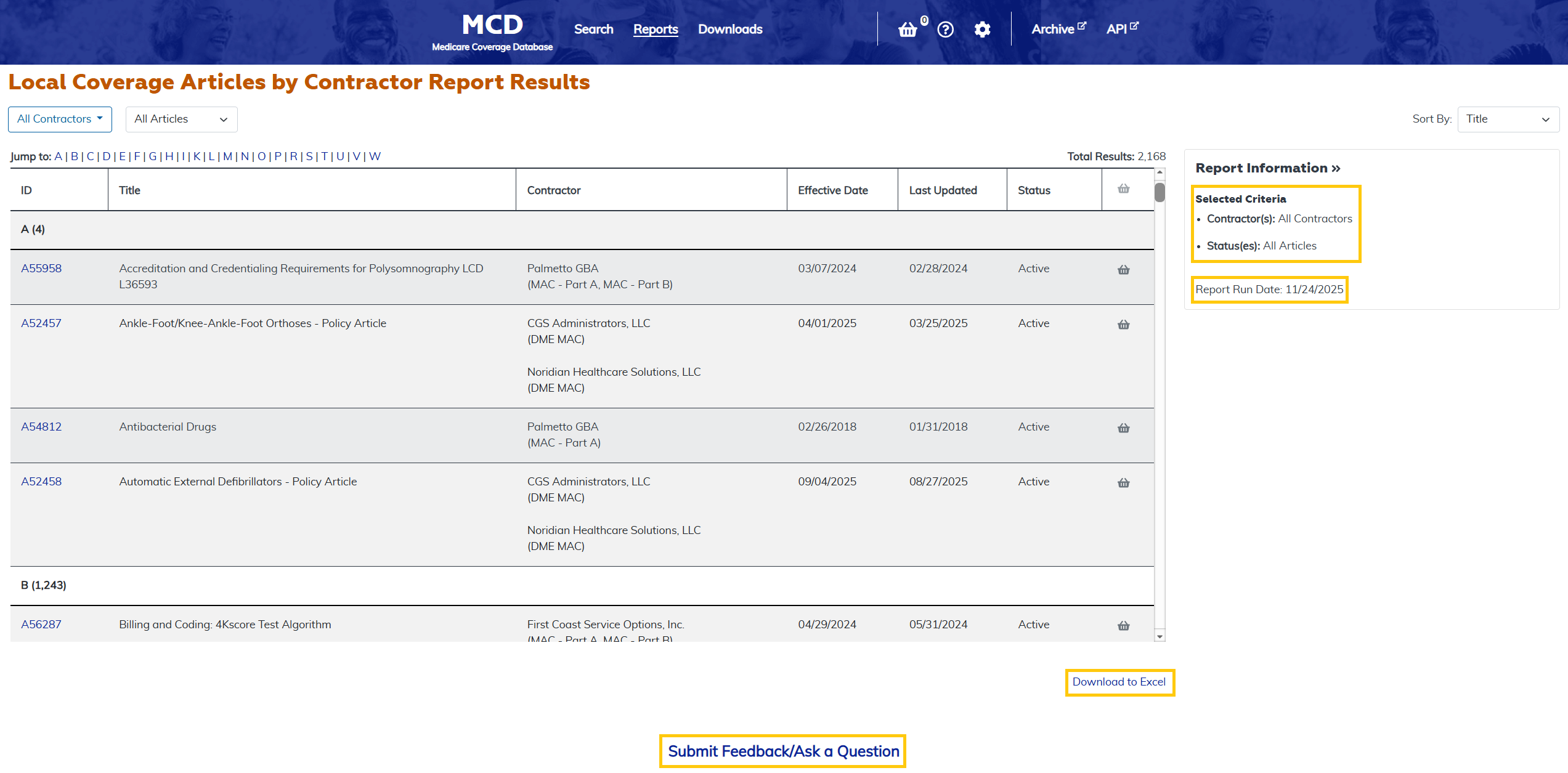 Local Coverage Articles by Contractor Report additional features at the bottom highlighted