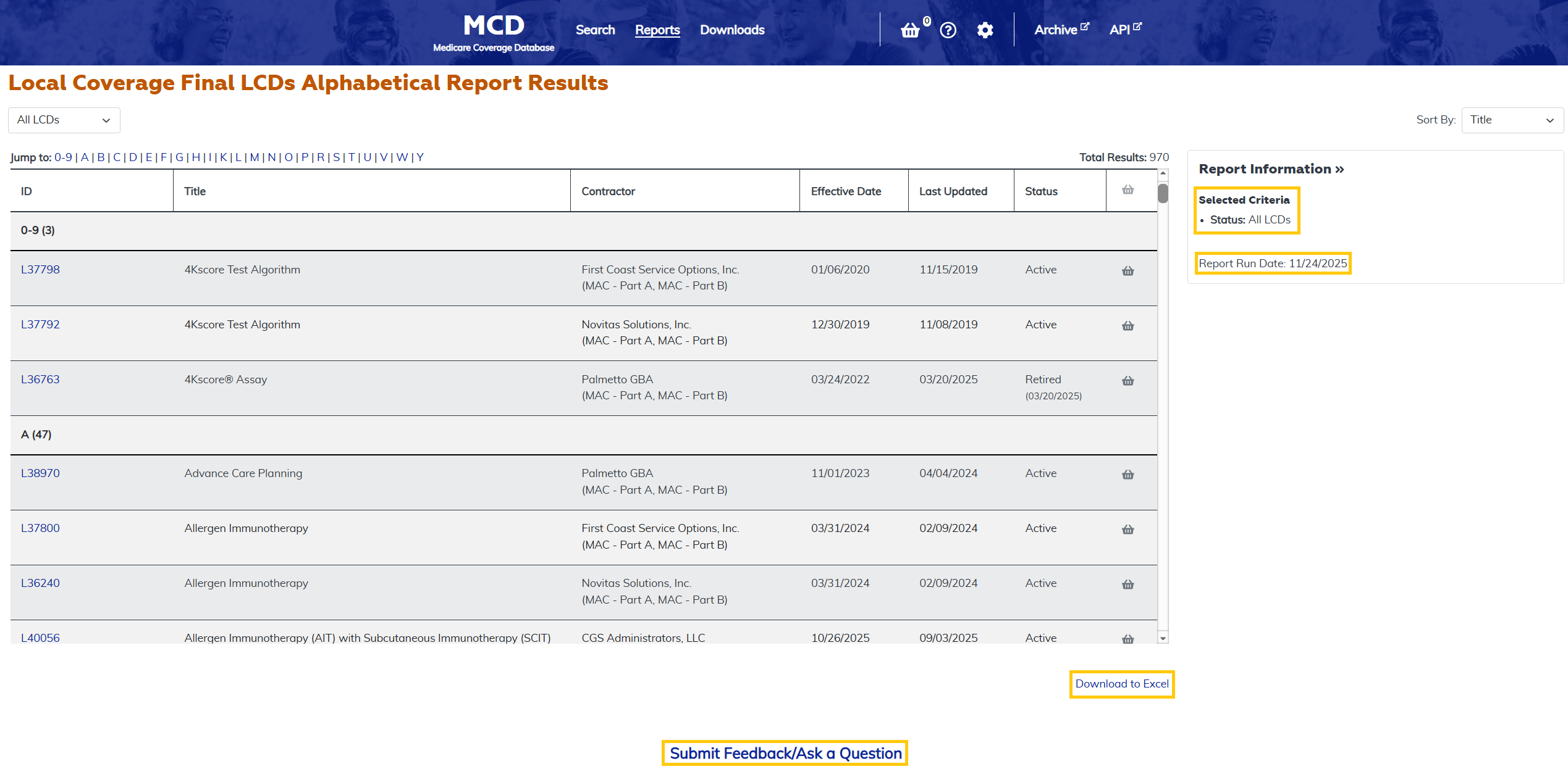 Local Coverage Final LCDs Listed Alphabetically Report additional features at the bottom highlighted