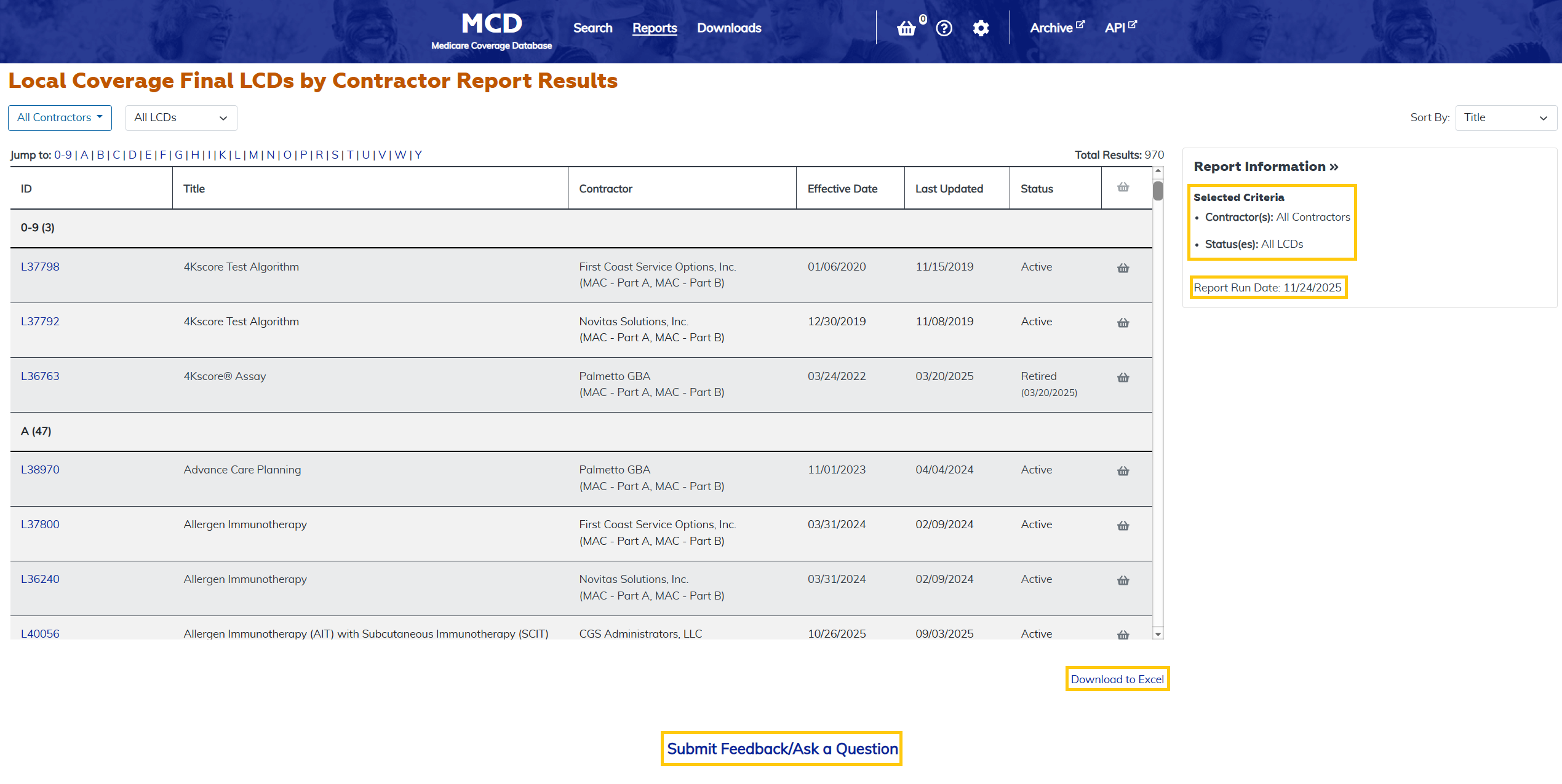 Local Coverage Final LCDs by Contractor Report additional features at the bottom highlighted