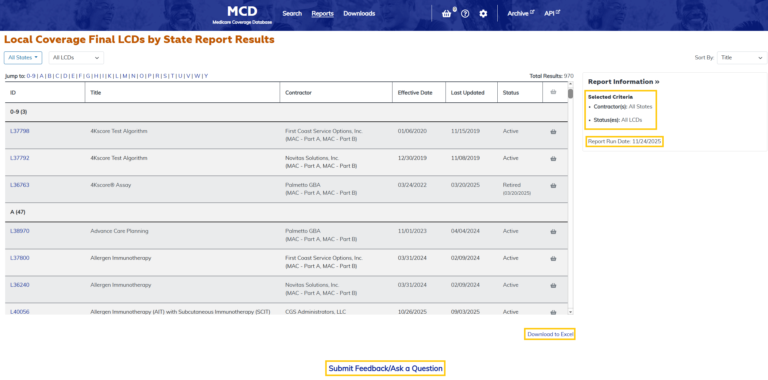 Local Coverage Final LCDs by State Report additional features at the bottom highlighted