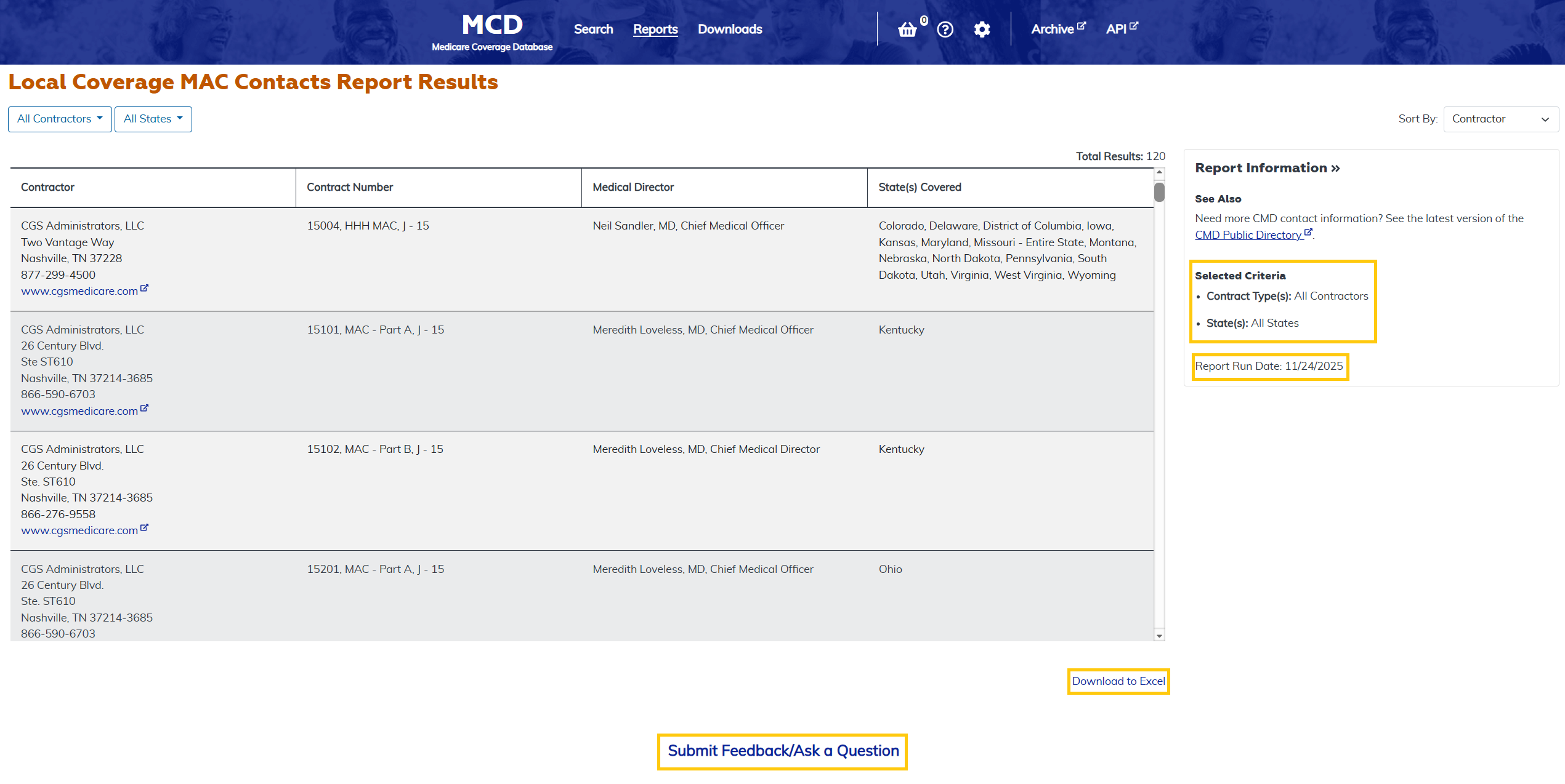 Local Coverage MAC Contacts Report additional features at the bottom highlighted