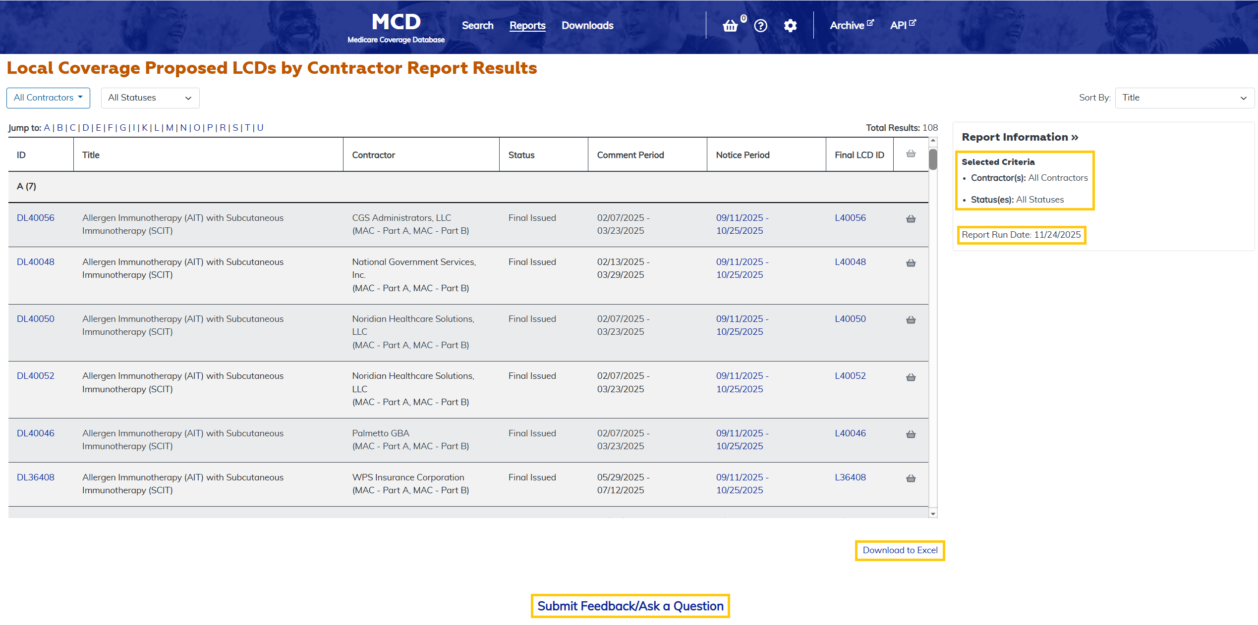 Local Coverage Proposed LCDs by Contractor Report additional features at the bottom highlighted