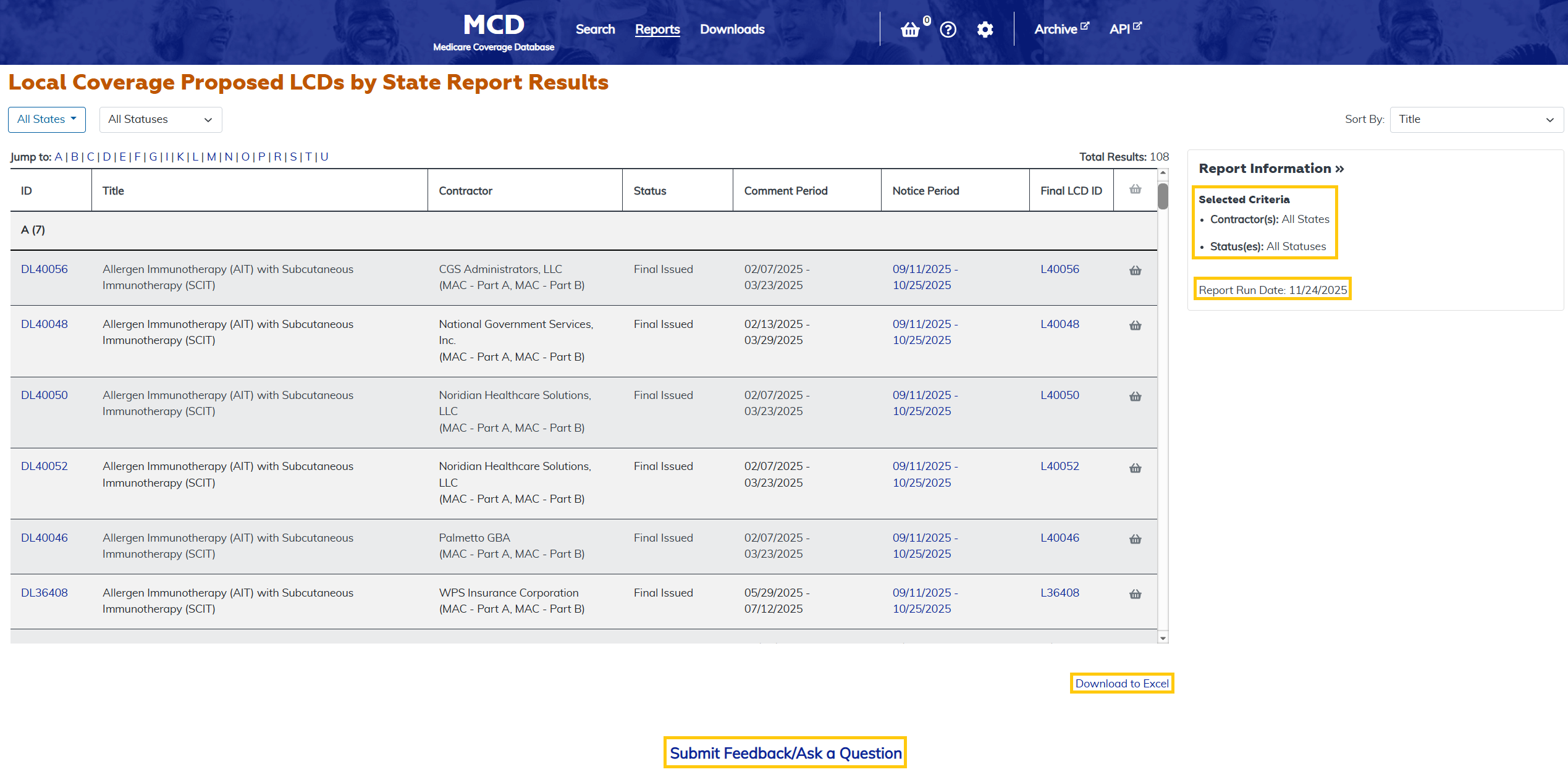 Local Coverage Proposed LCDs by State Report additional features at the bottom highlighted