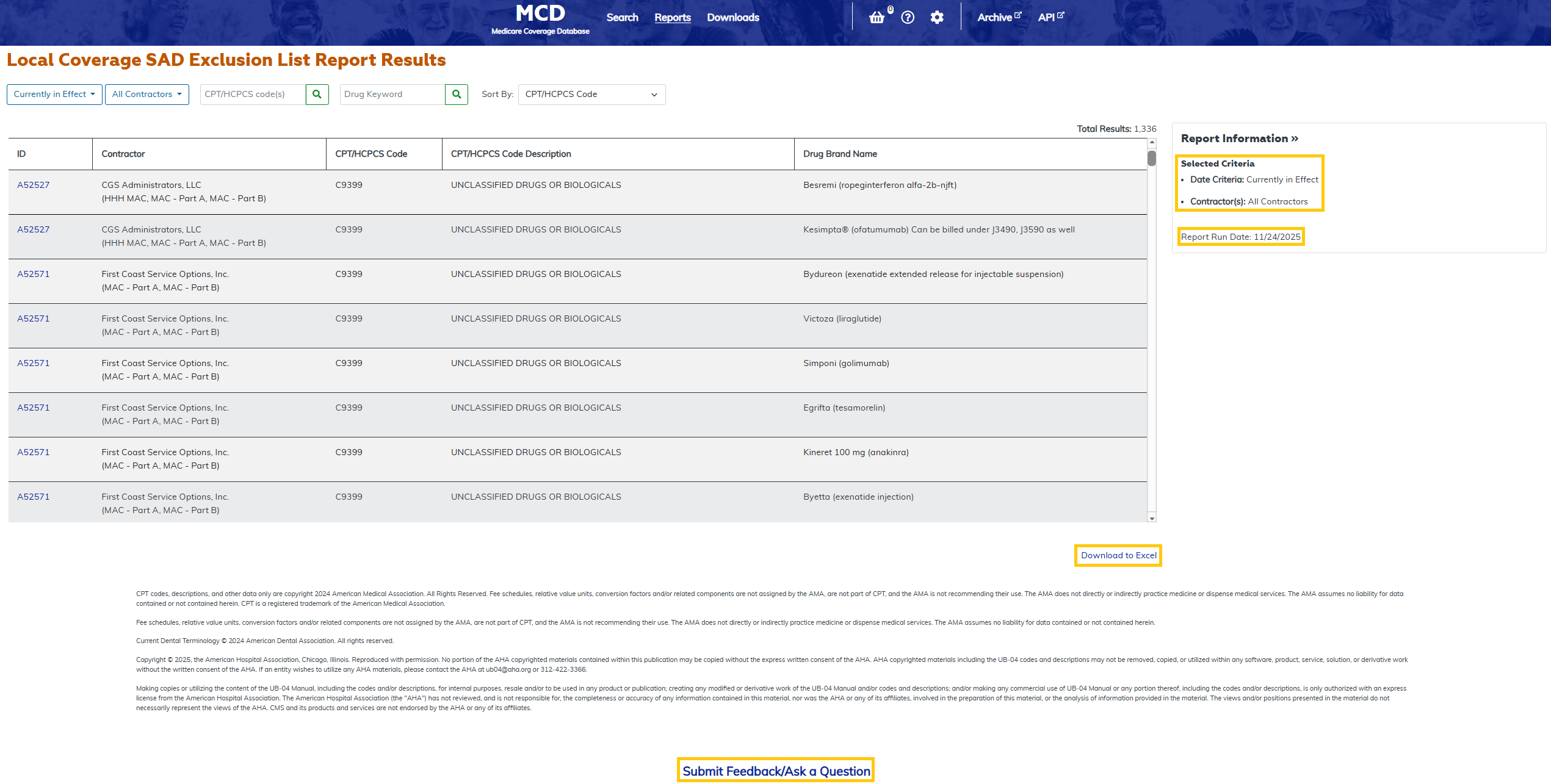 Local Coverage SAD Exclusion List Report additional features at the bottom highlighted