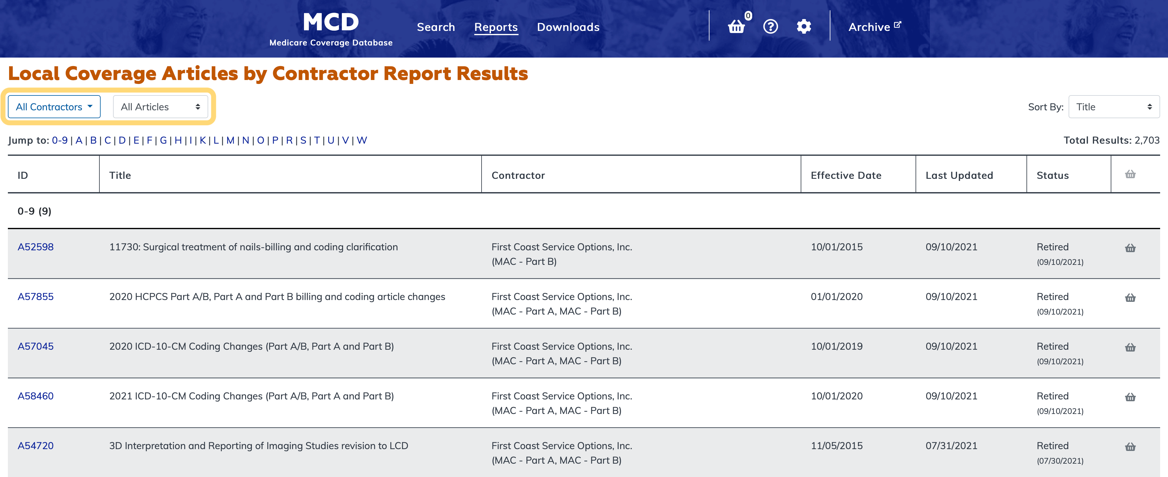 Local Coverage Articles by Contractor Report filter bar highlighted