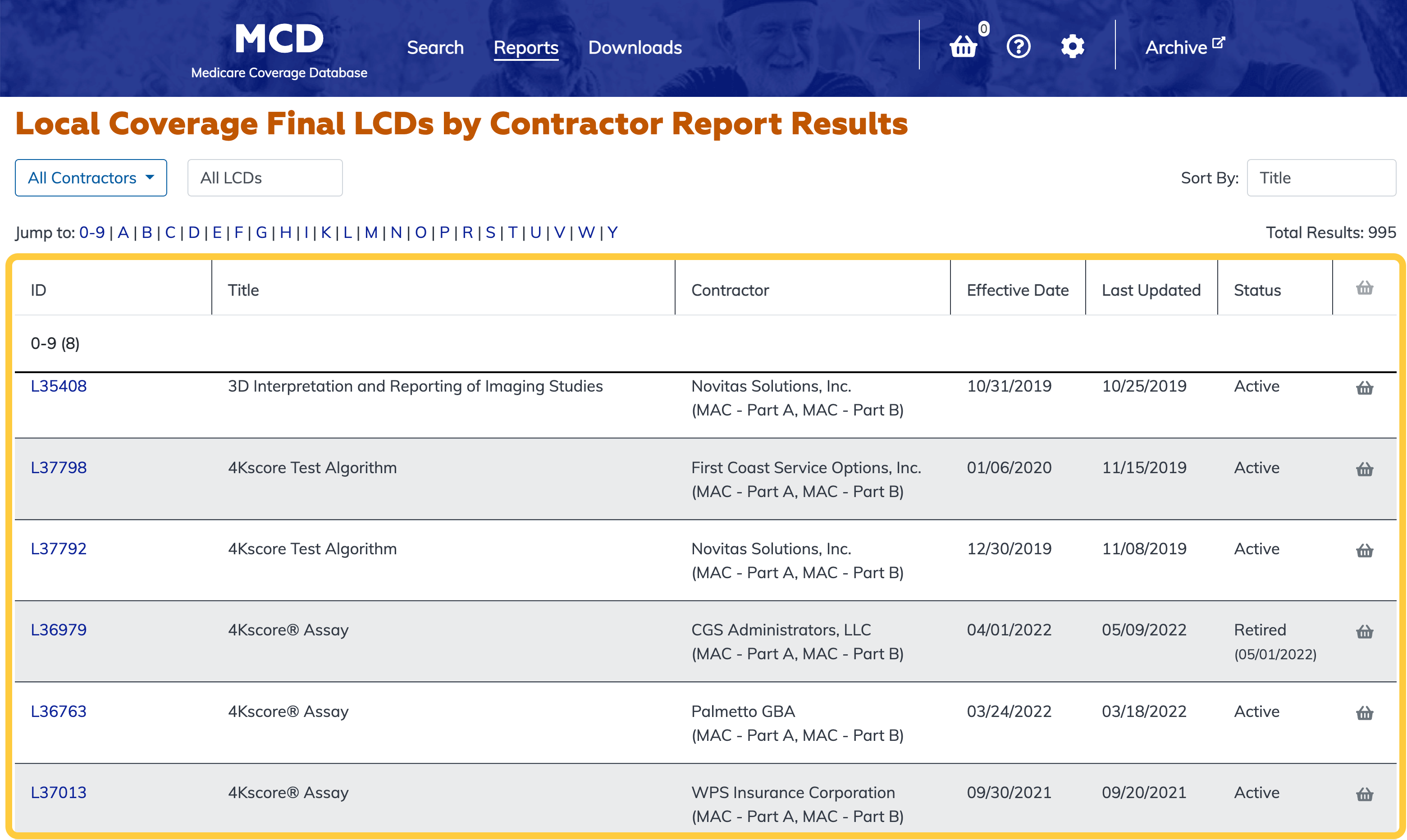 Local Coverage Final LCDs by Contractor Report table highlighted