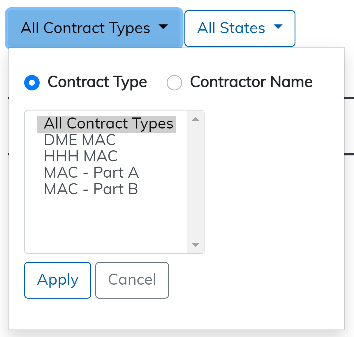 Local Coverage MAC Contacts Report contract type filter highlighted