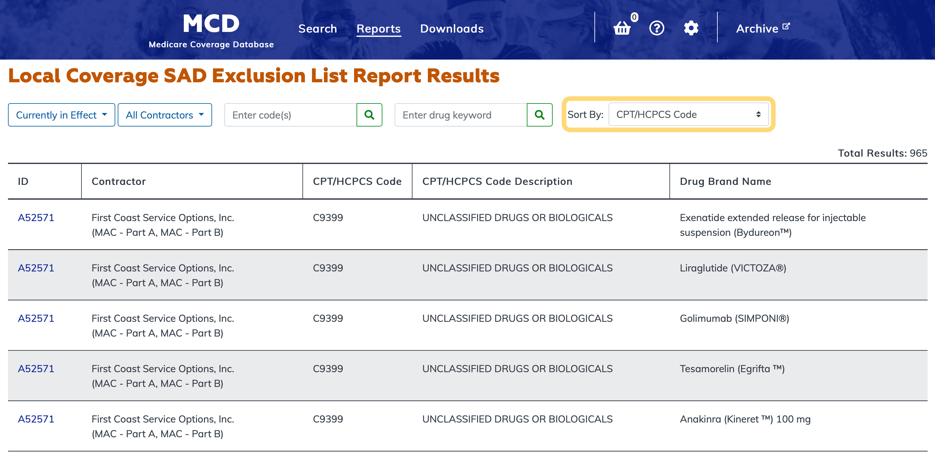 Local Coverage SAD Exclusion List Report sort option highlighted