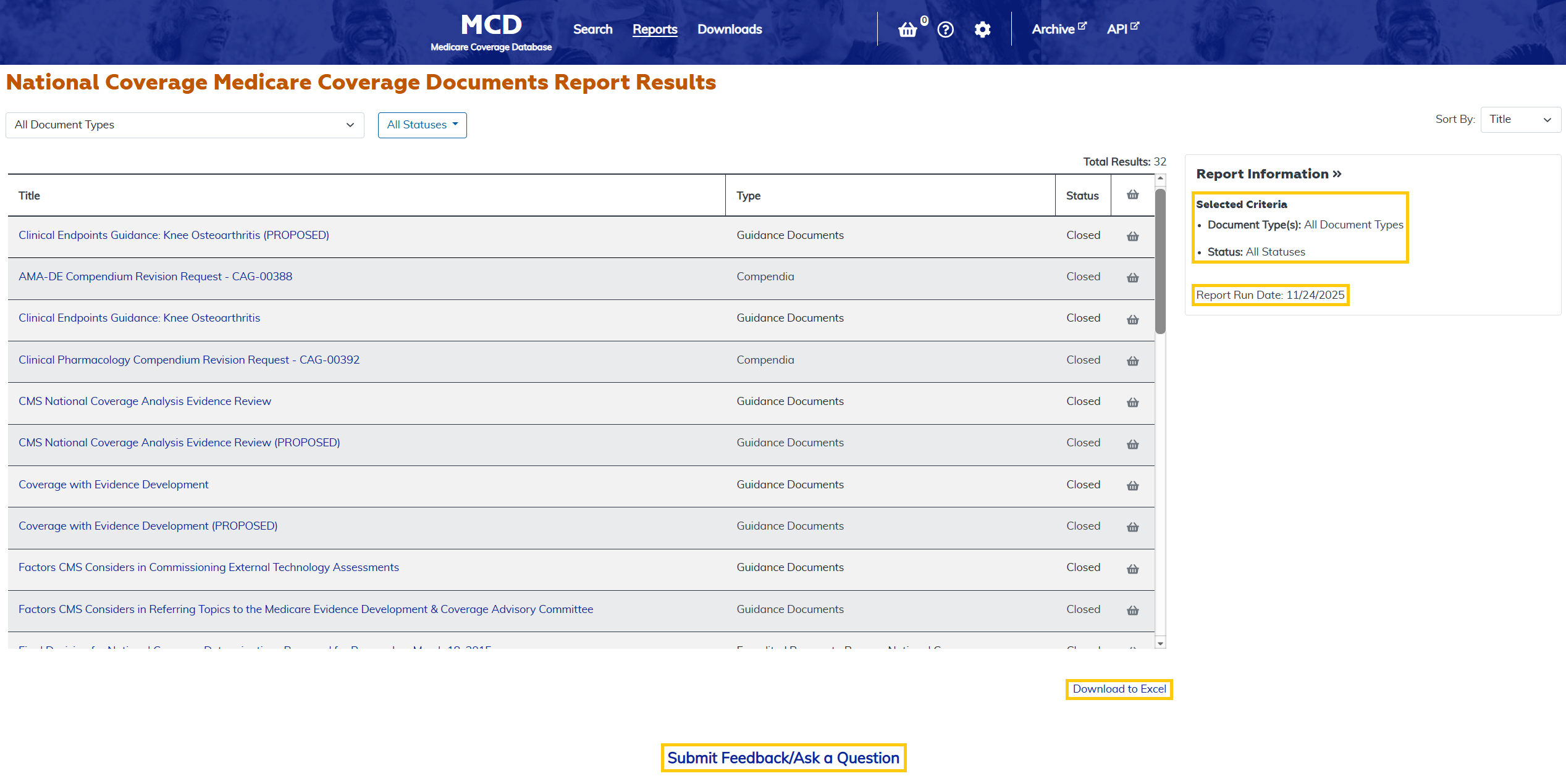 National Coverage Medicare Coverage Documents Report additional features at the bottom highlighted