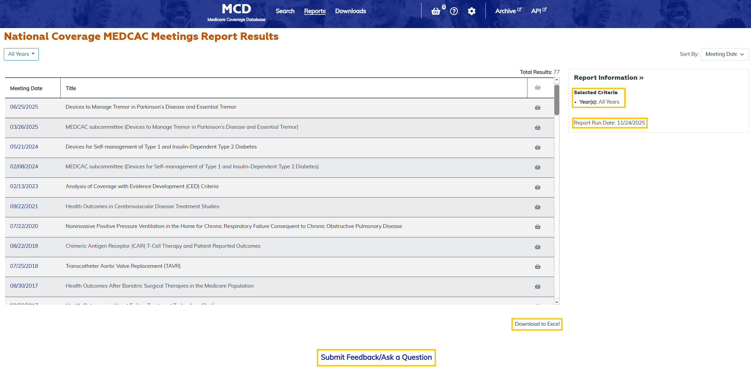National Coverage MEDCAC Meetings Report additional features at the bottom highlighted