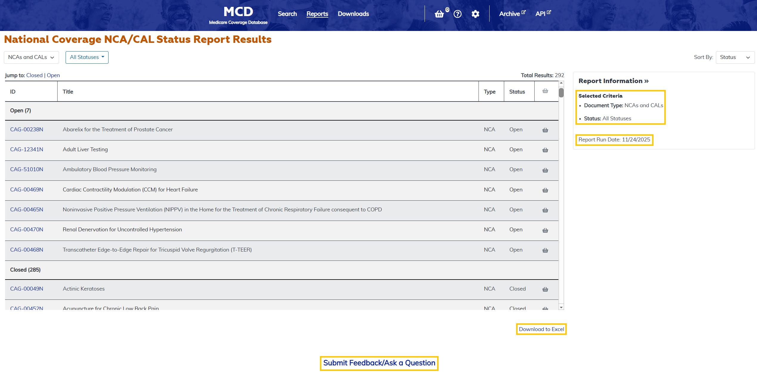 National Coverage NCA/CAL Status Report additional features at the bottom highlighted