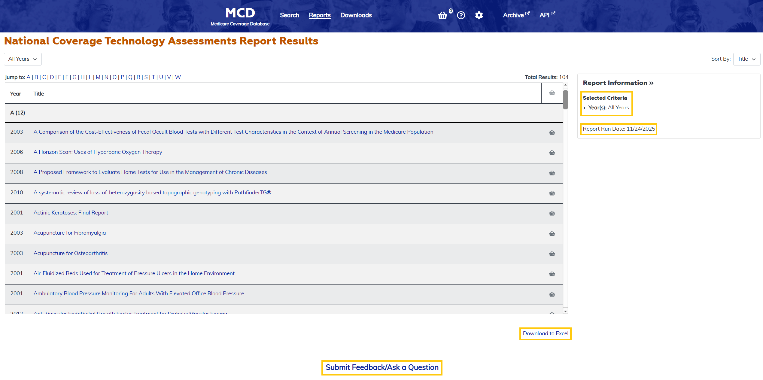 National Coverage Technology Assessments Report additional features at the bottom highlighted