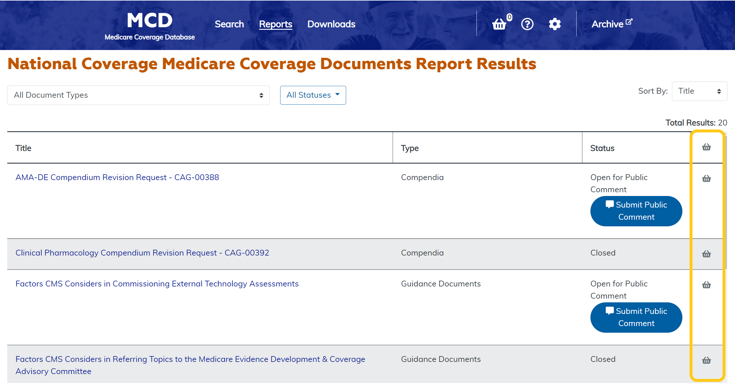National Coverage Medicare Coverage Documents Report basket column highlighted