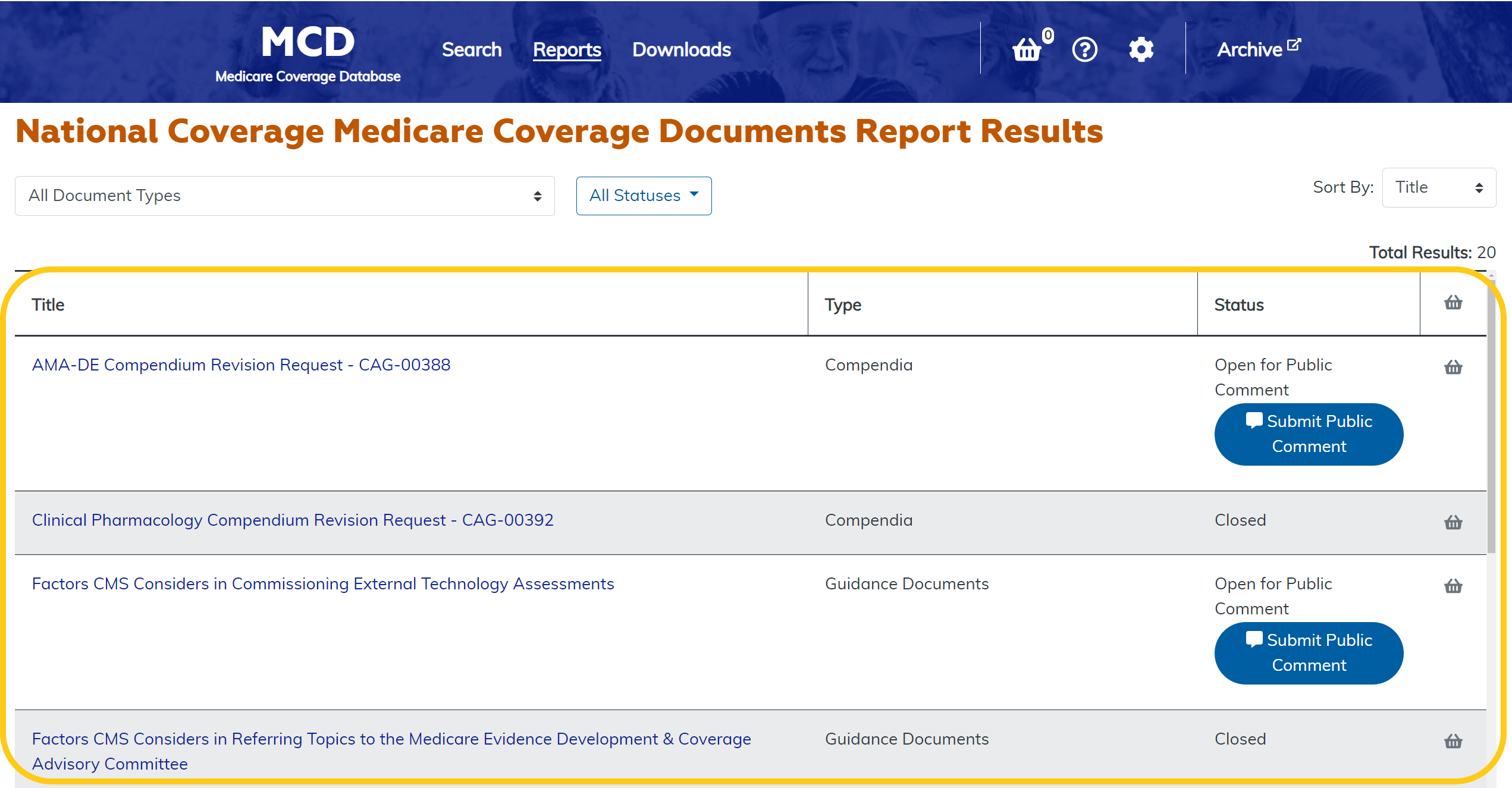 National Coverage Medicare Coverage Documents Report table highlighted